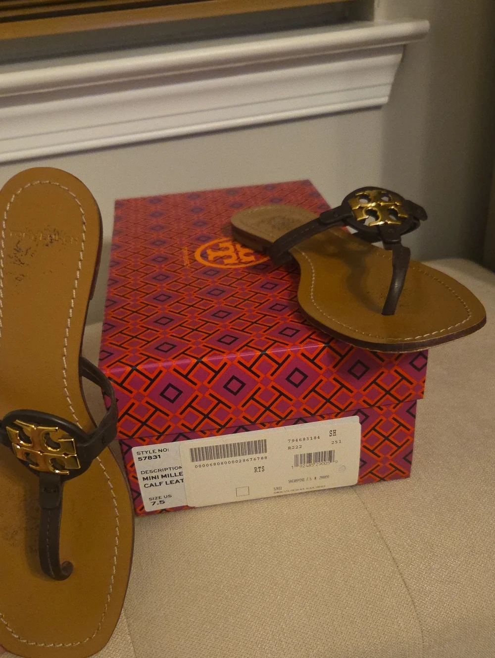 Tory Burch Mini Miller Brown Leather Logo Thong Sandals with Gold Accent 7.5